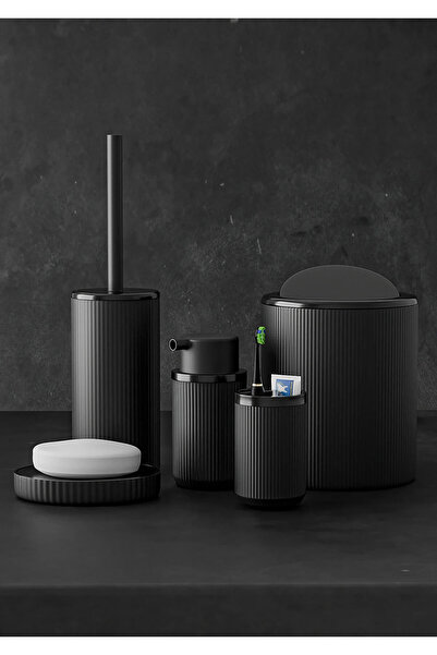 Veliday 5 Parça Siyah Banyo Seti Çöp Kovası Diş Fırçalık Sabunluk Fırçalık Seti