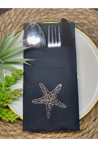 kidspartim Black Silver Gilded 12 Pieces Starfish Napkin