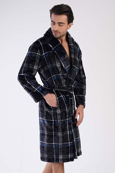 VİENETTA Men's Shawl Collar Welsoft Black Dressing Gown C3T1N0O087