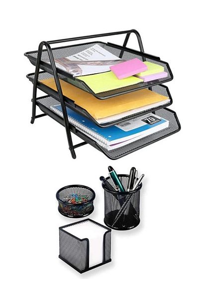 Janissary 3-Piece Black Pen Holder Set with Metal Mesh - Document Rack, Desktop Organizer