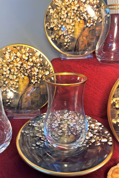 DECOSTYLE Seramik Tabaklı Mat Gold 12 Parça 6 Kişilik Çay Seti - Desenli Lüks...