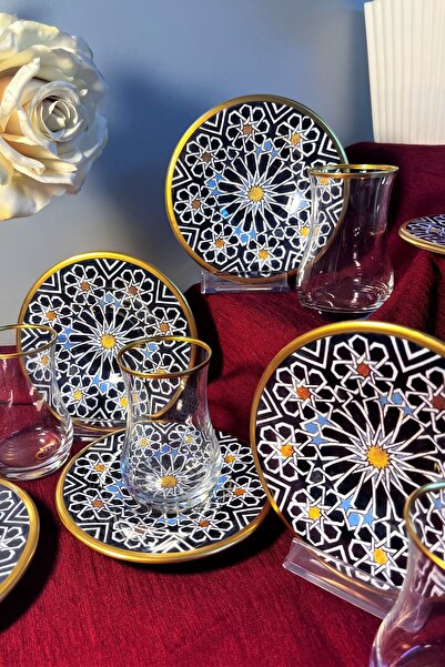 DECOSTYLE 12 Piece Patterned Matte Gold Tea Set with Ceramic Plate