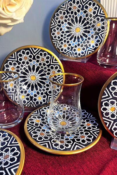 DECOSTYLE 12 Piece Patterned Matte Gold Tea Set with Ceramic Plate