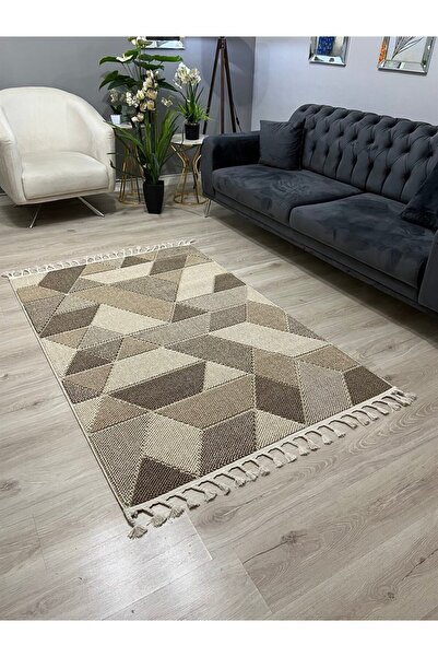 NaRStore Home Elit Bukle Bej Kolay Temizlenen Hav Toz Vermez Hasır Dokulu Etnik Örgü Desen Halı