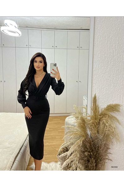 rengafashion Rochie neagră pentru femei, cu mânecă cu balon, cu guler dublu, cu centură