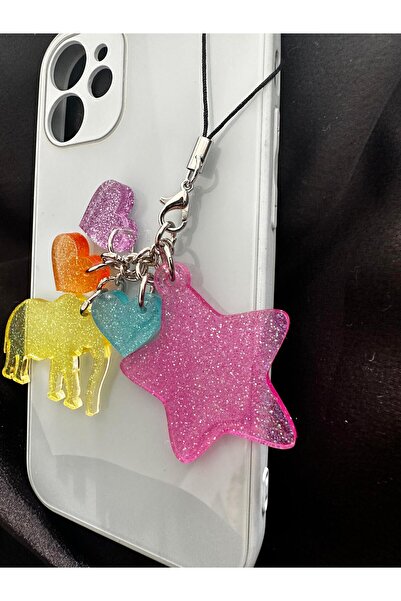schkırt Fil Yıldız 3 Minik Kalp Motifli Çok Renkli Simli Epoksi Telefon Charmı Telefon İpi Telefon Aksesuarı