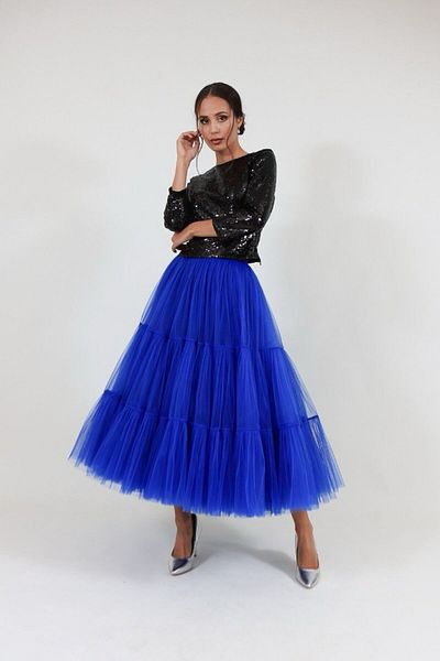 INDRESS Fustă de damă Saks Blue Dense Stratificată cu lungime midi din tul
