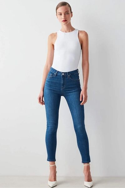 Livik Blugi skinny cu mustață albastră medie Pantaloni de denim cu talie înaltă până la gleznă