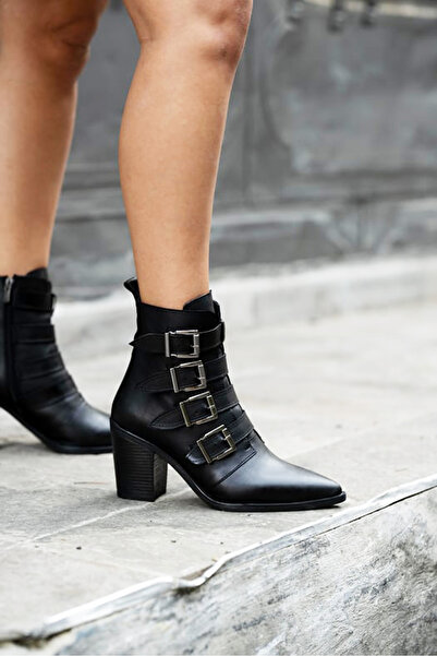 Afilli Жіночі чорні гострі носки на блискавці, товсті, на низьких підборах, з пряжками, стильні західні ковбойські черевики-ботильйони