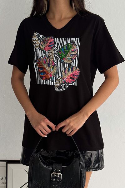 FEMELLE Tricou de damă, cu decolteu în V, de dimensiuni mari, cu model de frunze, brodat cu paiete, 100% bumbac
