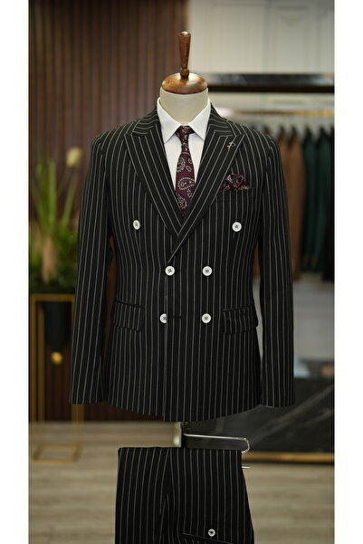 LONATOLİA Erkek Çizgili Kruvaze Takım Elbise Kırlangıç Yaka İtalyan Kesim Sli...