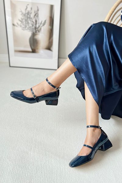 POLKA STORE Mary Jane Navy Blue Patent Leather Closed Back Square Toe Cap Short Block Heeled Women's Shoes
