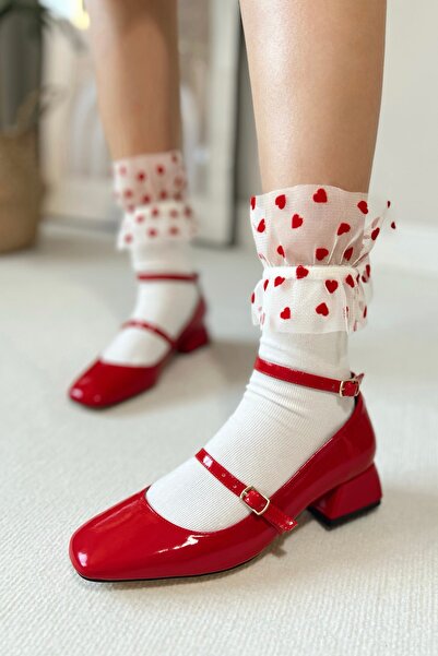 POLKA STORE Mary Jane Kırmızı Rugan Arkası Kapalı Kare Burunlu Baretli Kısa Blok Topuklu Kadın Ayakkabı