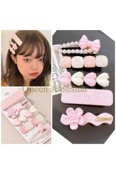 QUEEN AKSESUAR Εισαγόμενο πολυτελές γαλλικό μοντέλο σετ 5 μεταλλικών φιόγκων καραμέλας με λουλούδια, καρδιές, πέτρες, πέρλες και πόρπες σε ροζ χρώμα