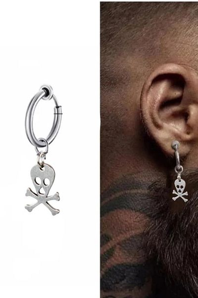 Jaida Moda Unisex Gray Steel Hoop Earrings - Compression with Skull Figure