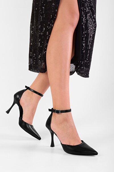 Shoeberry Women's Mauna Black Skin Heeled Shoes Stiletto