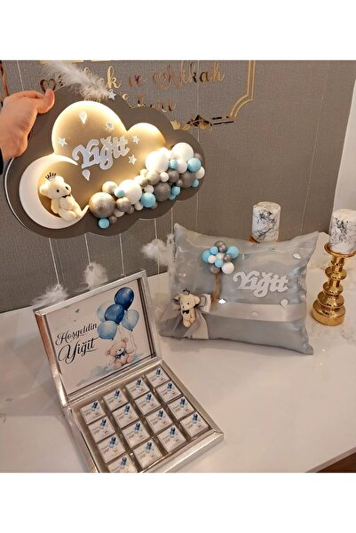 Sevil Tasarım Erkek Bebek Ledli Bubble Kapı Süsü & Takı Yastığı & Çikolata Kutusu Hediyelik Set