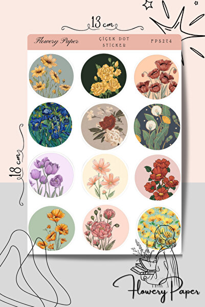 Flowery Paper Çiçek Dot Sticker Sayfası- Defter ,Ajanda , Journal,Scrapbook i...