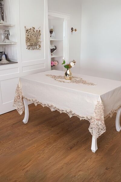 Finezza Τραπεζομάντιλο Μπεζ από ύφασμα λινό με δαντέλα και γκλίτερ Henna Lux ...