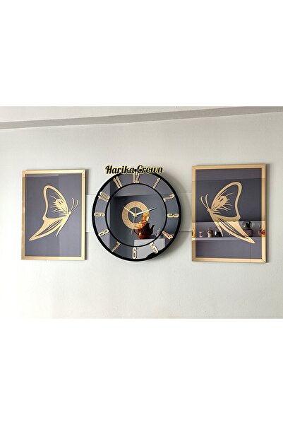 Genel Markalar 40 x 40 Aynalı Model 2 Li Kelebek Tablo Ve Saat Seti 40 Modern...