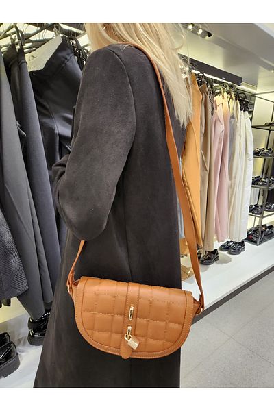 Mercan Stores Cross Strap Tan Quilted Design with Lock Accessory Stylish Minimal Hand and Shoulder Bag with Lock