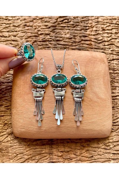 Apricity Silver Gümüş Paraiba Taşlı El İşi Takım