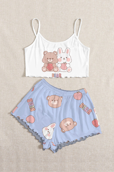 PEMBİŞ HOMEWEAR Strappy Shorts Pajama Set Bear Blue Basic Single Jersey