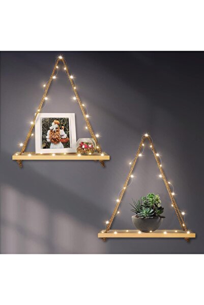 Efem Dekor Halatlı Ahşap Yüzer Raflar,2 Parça Makrome Asma Dekor Oturma Ofis ...