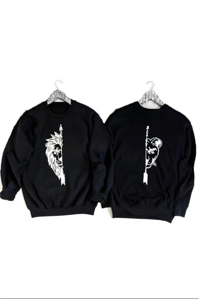 Unique Dişi ve Erkek Aslan Çiftler Sevgili Çift Kombini Tasarım Sweat