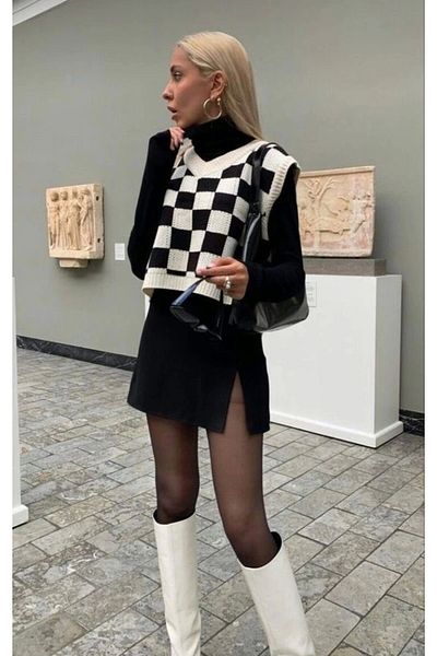 DarkellaStore Y2K Harajuku Black and White Checkered Oversize Sweater (UNISEX)