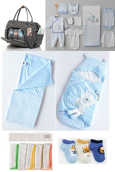 Necix's 6-Piece CUTE MONTHS BIRTH SET (10-Piece HOSPITAL EXIT, BABY BAG, SWADDLE, BLANKET, WIPES AND SOCKS SET)