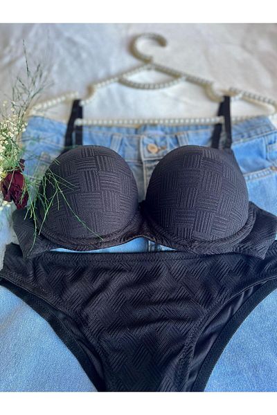 Nashera Knitted Patterned Supported Underwire Bra Lingerie Set