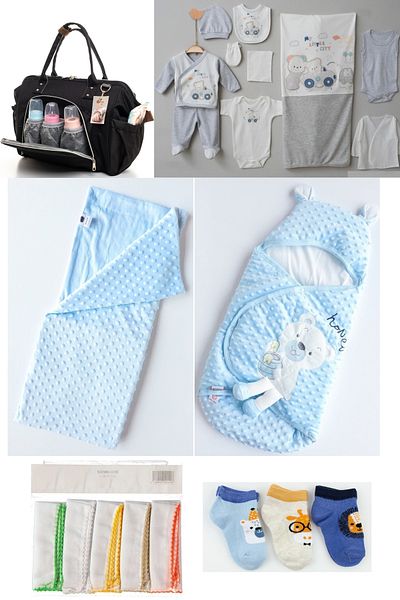 Necix's 6-Piece CUTE MONTHS BIRTH SET (10-Piece HOSPITAL EXIT, BABY BAG, SWADDLE, BLANKET, WIPES AND SOCKS SET)