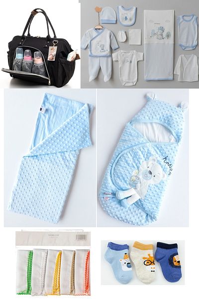 Necix's 6-Piece CUTE MONTHS BIRTH SET (10-Piece HOSPITAL EXIT, BABY BAG, SWADDLE, BLANKET, WIPES AND SOCKS SET)