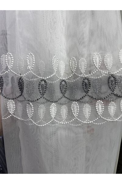 Fon Dünyası Spread Pattern Embroidered Tulle Curtain Anthracite Off White (1/3 Tight Pleat)