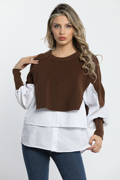 GÜLSELİ Καφέ Κομψό Πουκάμισο Γαρνιρισμένο Πλεκτό Μπλούζα - Γυναικεία Μόδα