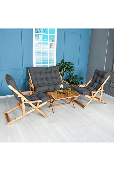 Bysay AHŞAP KATLANABİLİR PUF MİNDERLİ KOLLU ŞEZLONG PLAJ BALKON BAHÇE TAKIMI 4 LÜ SET (ANTRASİT)
