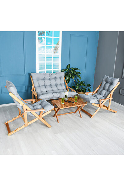 Bysay AHŞAP KATLANABİLİR PUF MİNDERLİ KOLLU ŞEZLONG PLAJ BALKON BAHÇE TAKIMI 4 LÜ SET (GRİ)