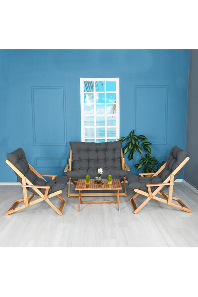 Bysay AHŞAP KATLANABİLİR PUF MİNDERLİ KOLLU ŞEZLONG PLAJ BALKON BAHÇE TAKIMI 4 LÜ SET (ANTRASİT)