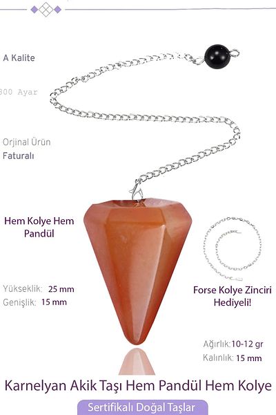 Tesbih Atölyesi Karnelyan Certified Agate Stone Pandula - Pendulum and Necklace