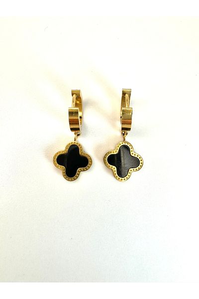 Rhea AK Basic Gold/Black Dangle Clover Steel Earrings