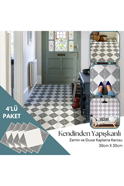 TechnoSmart 4 Adet 30cm×30cm Kendinden Yapışkanlı LVT Zemin Duvar Kaplama Mutfak Banyo Karo Sticker