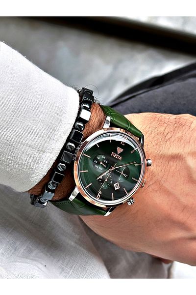 Fiesta Green Classic Green Cord Functions Active Steel Case Luxury Men's Wristwatch + BRACELET WITH GIFT