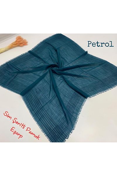 Melodi Scarf Eșarfă de culoare uni cu dungi argintii pentru damă, pânză de brânză, scris albastru petrol