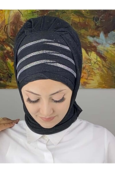 BUTİKAMBAR Mihrimah Çapraz Drapeli Simli Şifon Hazır Şal - Siyah - BUTİK AMBAR