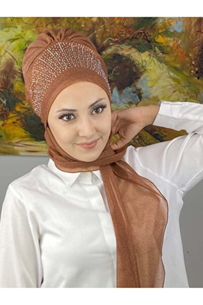 BUTİKAMBAR Güneş Model Taşlı Abiye Atkılı Bone Şal - Bakır Renk - BUTİK AMBAR