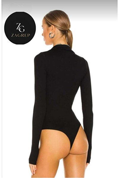 Zagrep Γυναικείο κορμάκι μαύρο με πατιλέτα και δάχτυλο με κούμπωμα Εισαγόμενο κορμάκι ζέρσεϊ