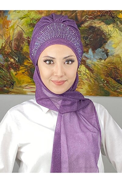 BUTİKAMBAR Güneş Model Taşlı Abiye Atkılı Bone Şal - Leylak - BUTİK AMBAR