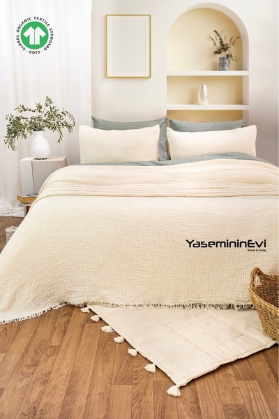 YASEMİNİNEVİ Ivory Color 4 Layer Muslin Bedspread/2 Pillowcases
