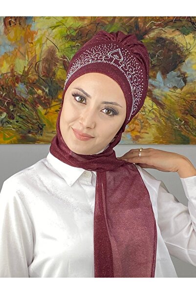 BUTİKAMBAR Vintage Model Taşlı Abiye Atkılı Bone Şal - Bordo - BUTİK AMBAR